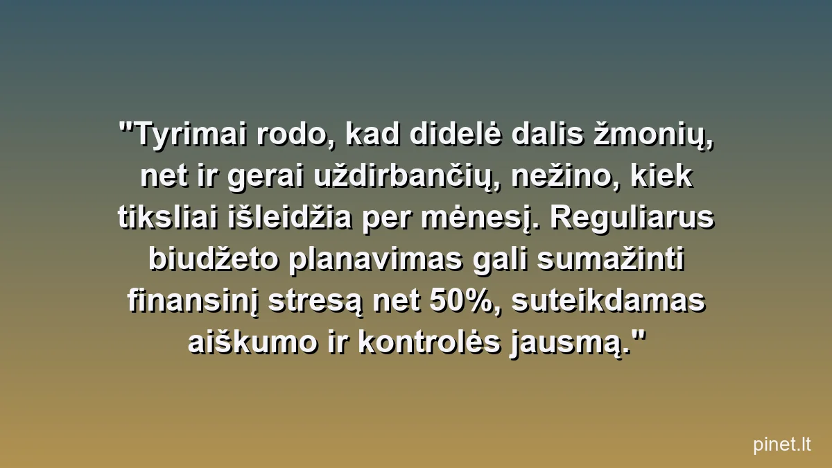 Tyrimai rodo, kad didelė dalis žmonių, net ir gerai uždirbančių, nežino, kiek tiksliai išleidžia per mėnesį. Reguliarus biudžeto planavimas gali sumažinti finansinį stresą net 50%, suteikdamas aiškumo ir kontrolės jausmą.