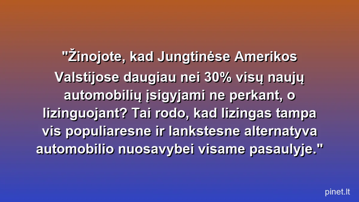 Žinojote, kad Jungtinėse Amerikos Valstijose daugiau nei 30% visų naujų automobilių įsigyjami ne perkant, o lizinguojant? Tai rodo, kad lizingas tampa vis populiaresne ir lankstesne alternatyva automobilio nuosavybei visame pasaulyje.