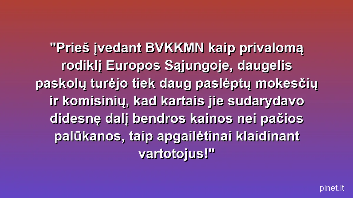 Prieš įvedant BVKKMN kaip privalomą rodiklį Europos Sąjungoje, daugelis paskolų turėjo tiek daug paslėptų mokesčių ir komisinių, kad kartais jie sudarydavo didesnę dalį bendros kainos nei pačios palūkanos, taip apgailėtinai klaidinant vartotojus!