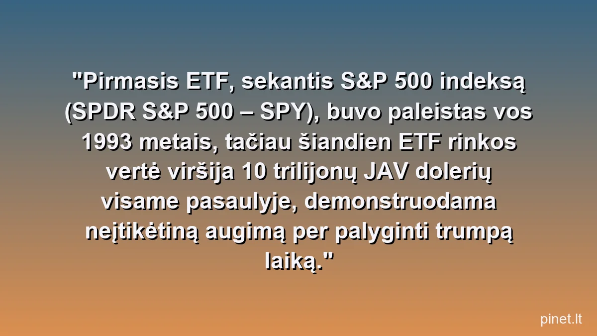 Pirmasis ETF, sekantis S&P 500 indeksą (SPDR S&P 500 – SPY), buvo paleistas vos 1993 metais, tačiau šiandien ETF rinkos vertė viršija 10 trilijonų JAV dolerių visame pasaulyje, demonstruodama neįtikėtiną augimą per palyginti trumpą laiką.