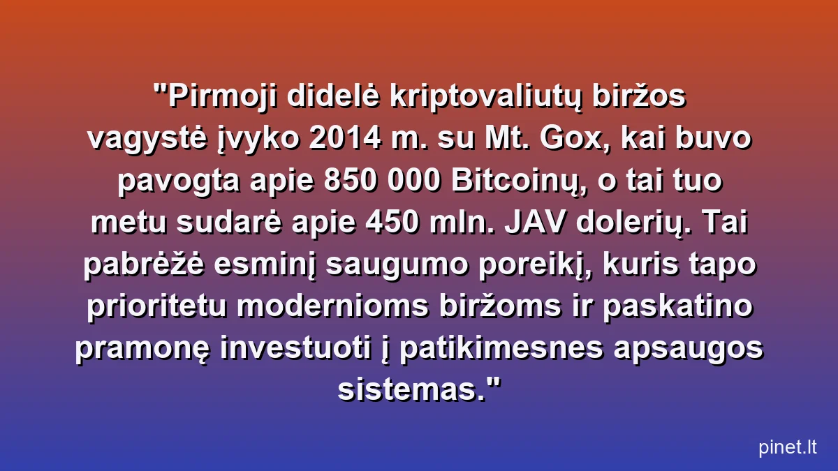 Pirmoji didelė kriptovaliutų biržos vagystė įvyko 2014 m. su Mt. Gox, kai buvo pavogta apie 850 000 Bitcoinų, o tai tuo metu sudarė apie 450 mln. JAV dolerių. Tai pabrėžė esminį saugumo poreikį, kuris tapo prioritetu modernioms biržoms ir paskatino pramonę investuoti į patikimesnes apsaugos sistemas.