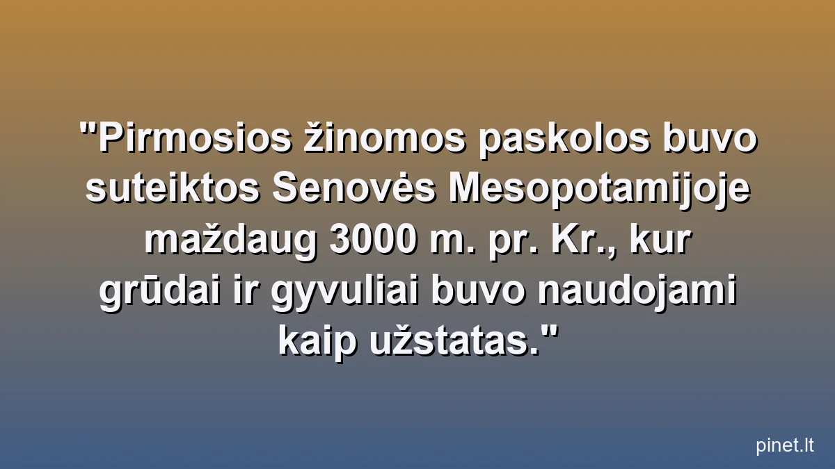 Pirmosios žinomos paskolos buvo suteiktos Senovės Mesopotamijoje maždaug 3000 m. pr. Kr., kur grūdai ir gyvuliai buvo naudojami kaip užstatas.
