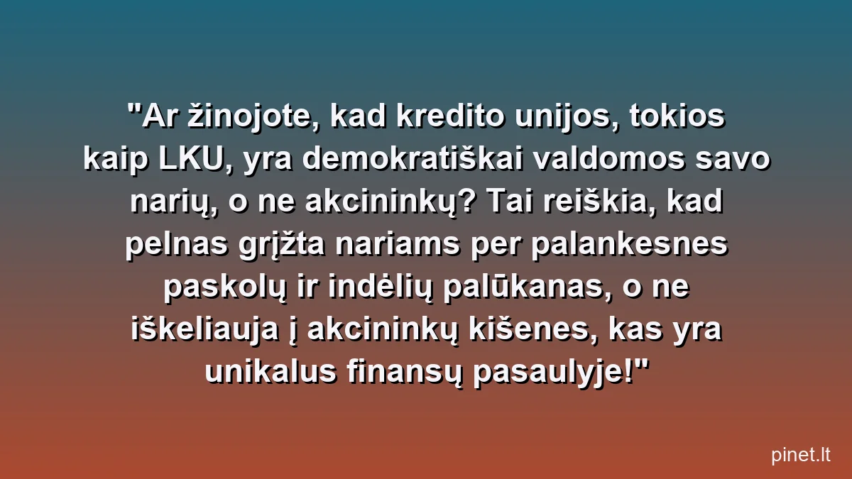 Ar žinojote, kad kredito unijos, tokios kaip LKU, yra demokratiškai valdomos savo narių, o ne akcininkų? Tai reiškia, kad pelnas grįžta nariams per palankesnes paskolų ir indėlių palūkanas, o ne iškeliauja į akcininkų kišenes, kas yra unikalus finansų pasaulyje!