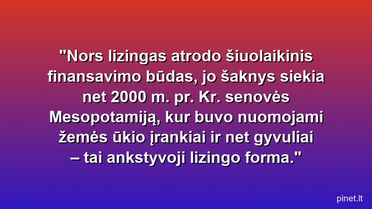 Nors lizingas atrodo šiuolaikinis finansavimo būdas, jo šaknys siekia net 2000 m. pr. Kr. senovės Mesopotamiją, kur buvo nuomojami žemės ūkio įrankiai ir net gyvuliai – tai ankstyvoji lizingo forma.