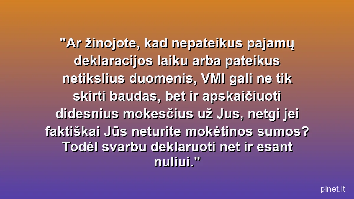 Ar žinojote, kad nepateikus pajamų deklaracijos laiku arba pateikus netikslius duomenis, VMI gali ne tik skirti baudas, bet ir apskaičiuoti didesnius mokesčius už Jus, netgi jei faktiškai Jūs neturite mokėtinos sumos? Todėl svarbu deklaruoti net ir esant nuliui.