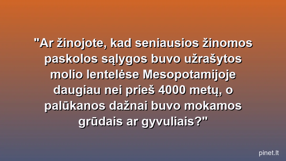 Ar žinojote, kad seniausios žinomos paskolos sąlygos buvo užrašytos molio lentelėse Mesopotamijoje daugiau nei prieš 4000 metų, o palūkanos dažnai buvo mokamos grūdais ar gyvuliais?