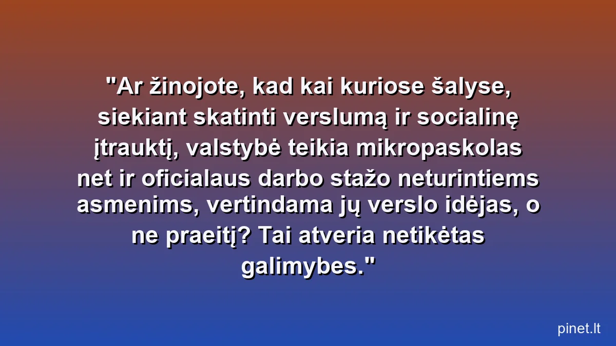 Ar žinojote, kad kai kuriose šalyse, siekiant skatinti verslumą ir socialinę įtrauktį, valstybė teikia mikropaskolas net ir oficialaus darbo stažo neturintiems asmenims, vertindama jų verslo idėjas, o ne praeitį? Tai atveria netikėtas galimybes.