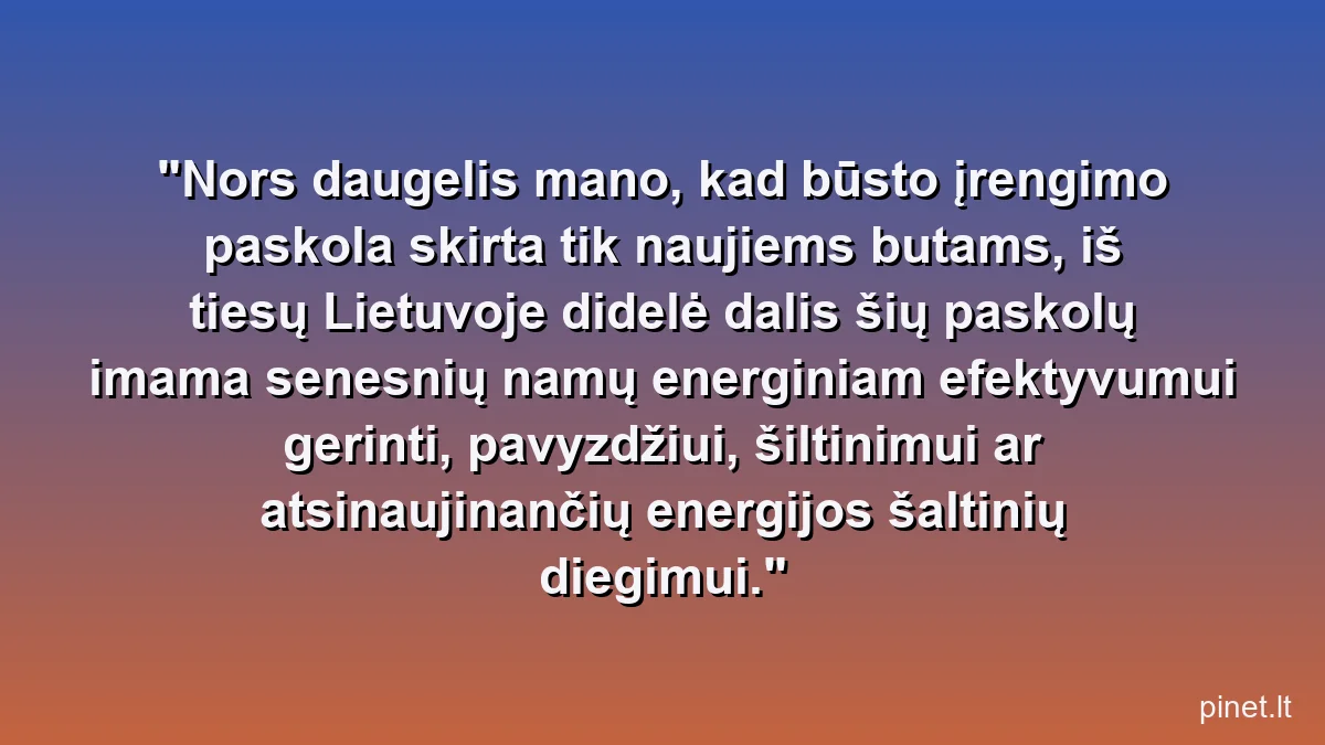 Nors daugelis mano, kad būsto įrengimo paskola skirta tik naujiems butams, iš tiesų Lietuvoje didelė dalis šių paskolų imama senesnių namų energiniam efektyvumui gerinti, pavyzdžiui, šiltinimui ar atsinaujinančių energijos šaltinių diegimui.