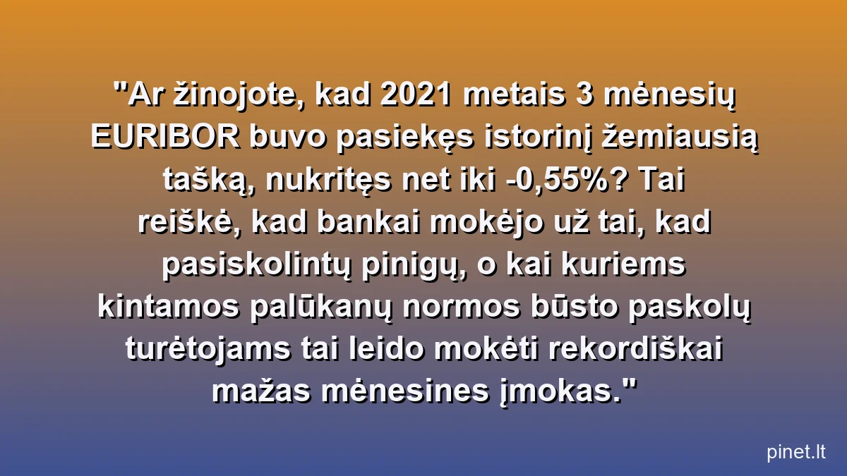 Ar žinojote, kad 2021 metais 3 mėnesių EURIBOR buvo pasiekęs istorinį žemiausią tašką, nukritęs net iki -0,55%? Tai reiškė, kad bankai mokėjo už tai, kad pasiskolintų pinigų, o kai kuriems kintamos palūkanų normos būsto paskolų turėtojams tai leido mokėti rekordiškai mažas mėnesines įmokas.