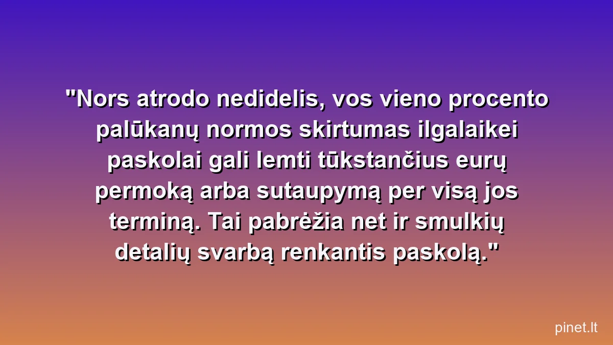 Nors atrodo nedidelis, vos vieno procento palūkanų normos skirtumas ilgalaikei paskolai gali lemti tūkstančius eurų permoką arba sutaupymą per visą jos terminą. Tai pabrėžia net ir smulkių detalių svarbą renkantis paskolą.