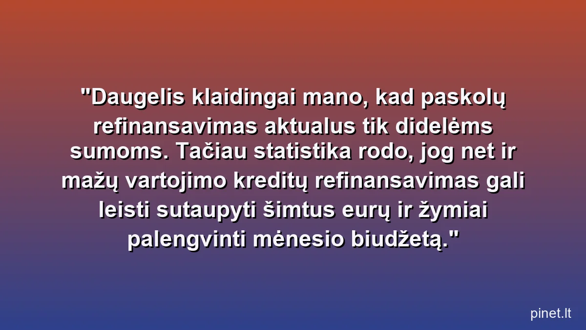 Daugelis klaidingai mano, kad paskolų refinansavimas aktualus tik didelėms sumoms. Tačiau statistika rodo, jog net ir mažų vartojimo kreditų refinansavimas gali leisti sutaupyti šimtus eurų ir žymiai palengvinti mėnesio biudžetą.