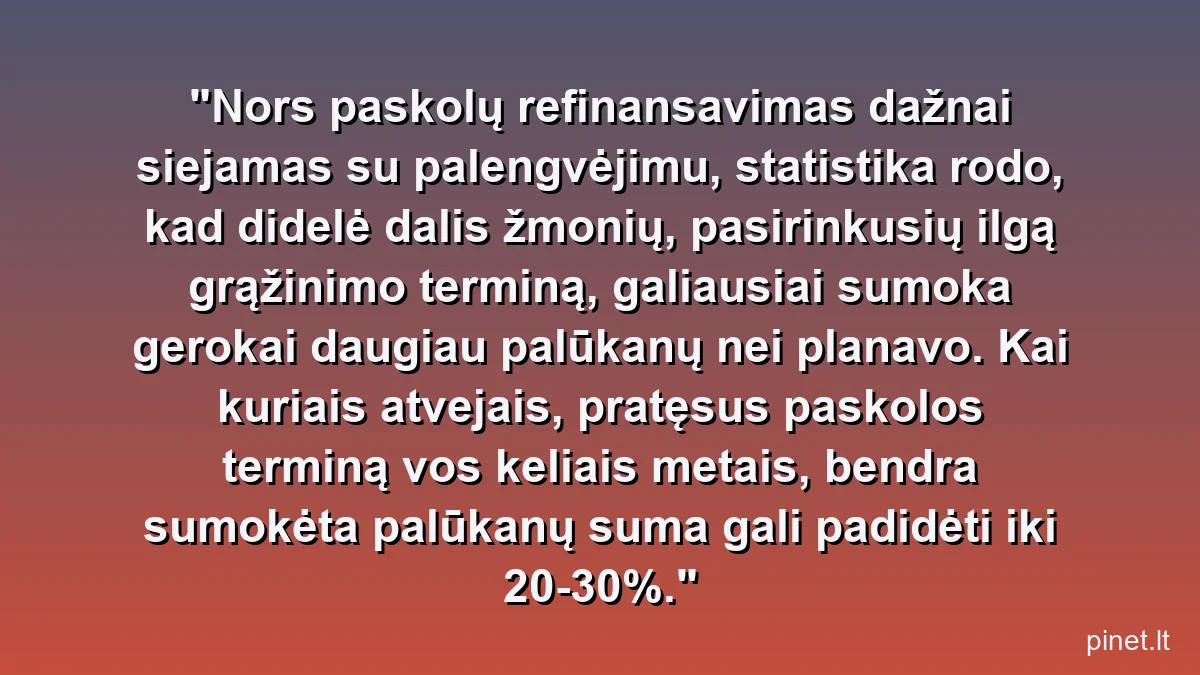 Nors paskolų refinansavimas dažnai siejamas su palengvėjimu, statistika rodo, kad didelė dalis žmonių, pasirinkusių ilgą grąžinimo terminą, galiausiai sumoka gerokai daugiau palūkanų nei planavo. Kai kuriais atvejais, pratęsus paskolos terminą vos keliais metais, bendra sumokėta palūkanų suma gali padidėti iki 20-30%.