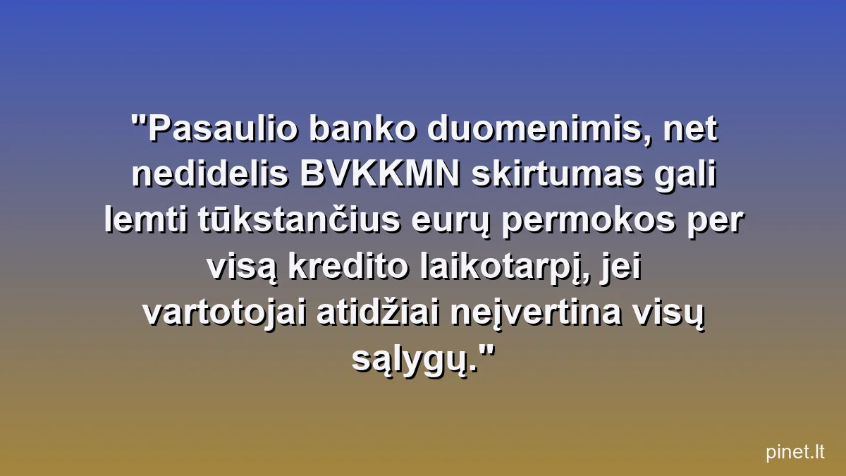 Pasaulio banko duomenimis, net nedidelis BVKKMN skirtumas gali lemti tūkstančius eurų permokos per visą kredito laikotarpį, jei vartotojai atidžiai neįvertina visų sąlygų.