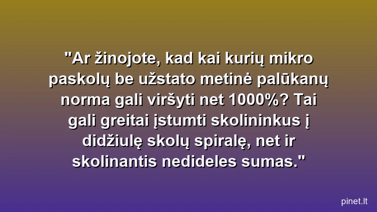 Ar žinojote, kad kai kurių mikro paskolų be užstato metinė palūkanų norma gali viršyti net 1000%? Tai gali greitai įstumti skolininkus į didžiulę skolų spiralę, net ir skolinantis nedideles sumas.