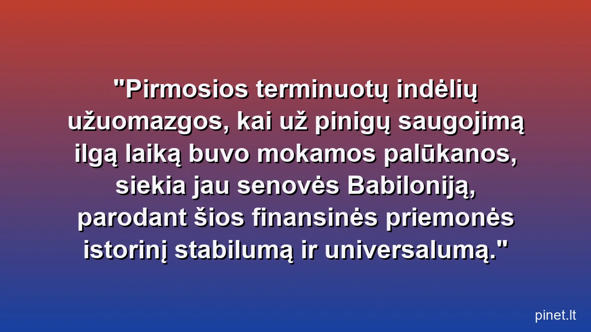 Pirmosios terminuotų indėlių užuomazgos, kai už pinigų saugojimą ilgą laiką buvo mokamos palūkanos, siekia jau senovės Babiloniją, parodant šios finansinės priemonės istorinį stabilumą ir universalumą.