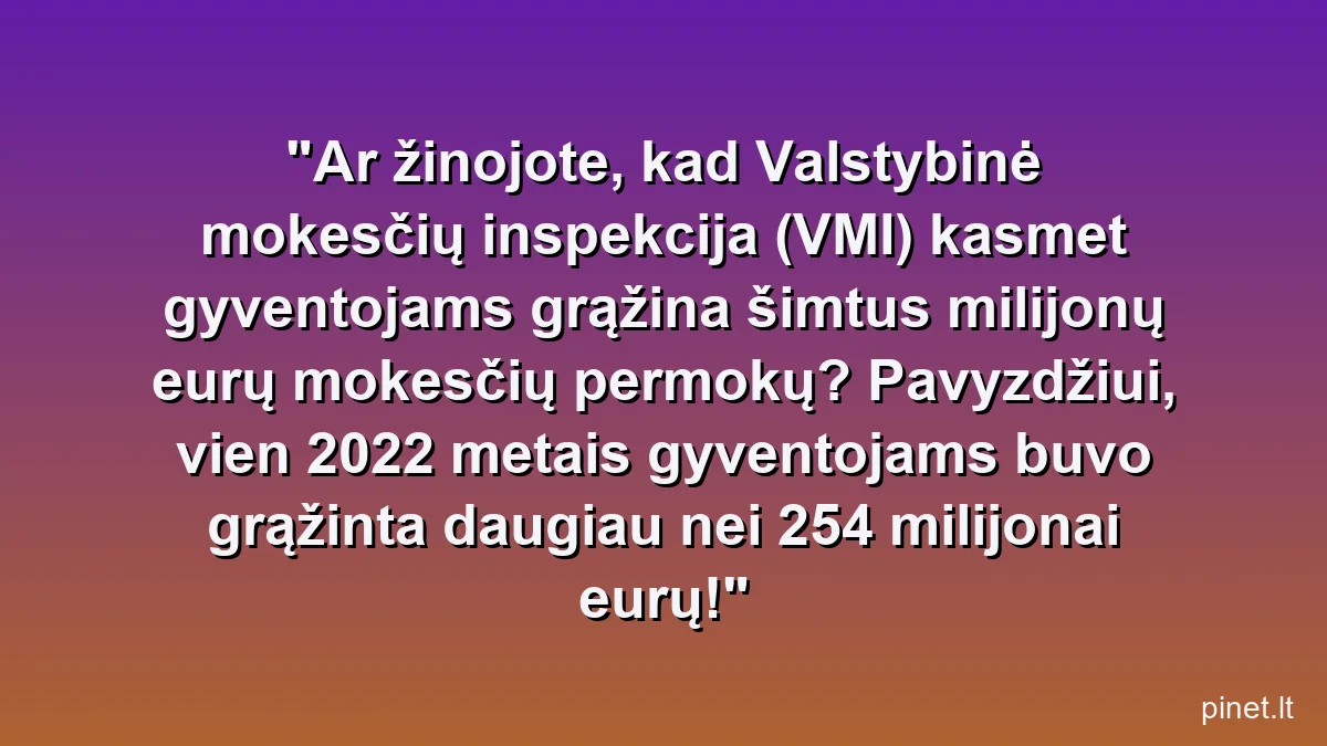 Ar žinojote, kad Valstybinė mokesčių inspekcija (VMI) kasmet gyventojams grąžina šimtus milijonų eurų mokesčių permokų? Pavyzdžiui, vien 2022 metais gyventojams buvo grąžinta daugiau nei 254 milijonai eurų!