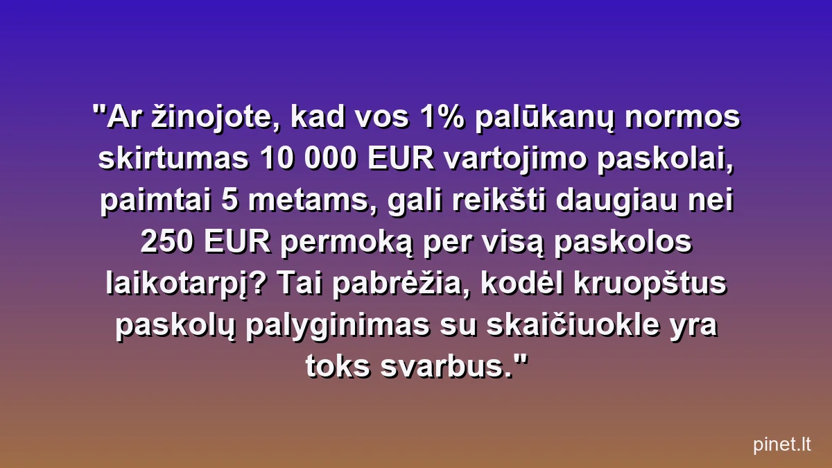 Ar žinojote, kad vos 1% palūkanų normos skirtumas 10 000 EUR vartojimo paskolai, paimtai 5 metams, gali reikšti daugiau nei 250 EUR permoką per visą paskolos laikotarpį? Tai pabrėžia, kodėl kruopštus paskolų palyginimas su skaičiuokle yra toks svarbus.