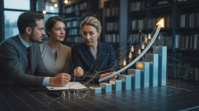 Profesionalus Europos finansų patarėjas, paaiškinantis saugų, daugiapakopį finansinį planą dėmesingai Europos porai, kuri tapo abstrakčia 3D duomenų vizualizacija su švytinčiais mėlynos ir aukso elementais tamsiame fone, simbolizuojant ateityje augimą ir pasitikėjimą., 8K, aštrus dėmesys, aukšta detalė