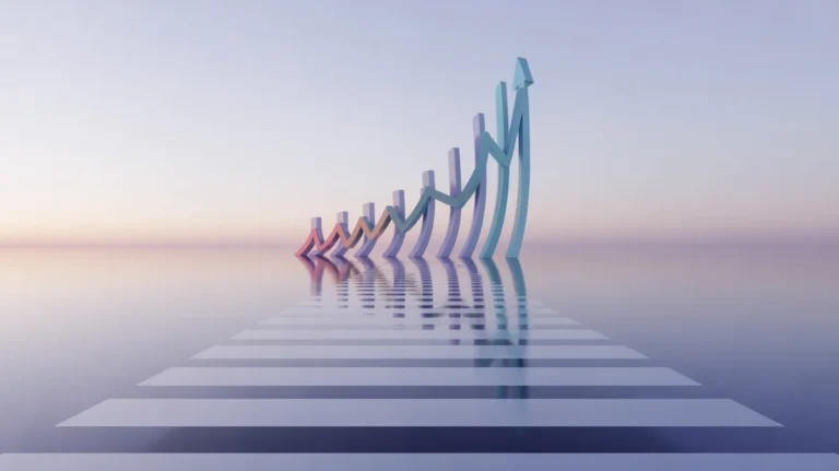 Konceptualus 3D elegantiško, kylančio kelio, subtiliai įtraukiant abstrakčius augimo modelius ir kylančias linijas, perteikimas, vedantis į spinduliuotės, abstrakčią finansinės laisvės simbolį ir saugią ateitį, minimalistinį dizainą, gyvybingas gradiento spalvas, kino apšvietimus, švarų foną, oktanišką atvejų.