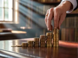 Rankoje atsargiai sukraunant monetas, kad būtų sukurta saugi finansinė ateitis.