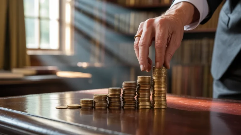 Rankoje atsargiai sukraunant monetas, kad būtų sukurta saugi finansinė ateitis.