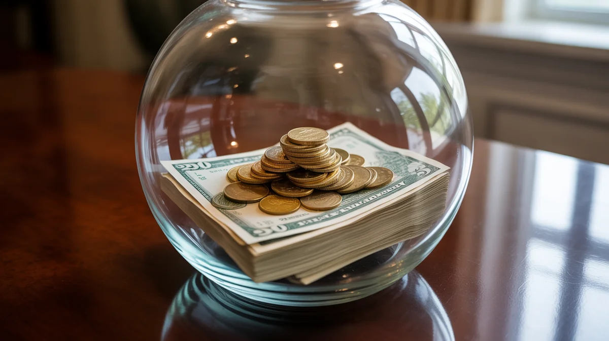 A transparent jar filled with neatly stacked coins and organized bills.