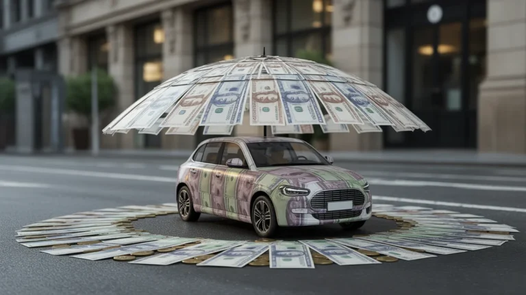 Mažas automobilis, padengtas skėčiu, pagamintu iš banknotų ir monetų.