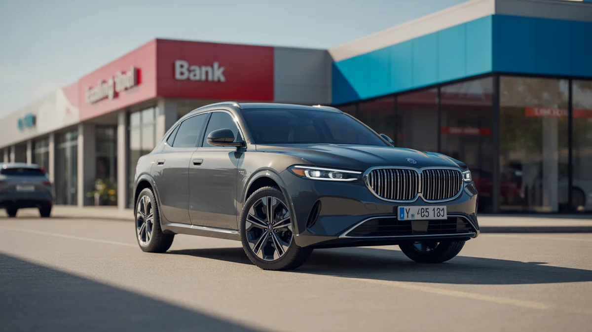 Naudotas automobilis, kurį galima įsigyti, su subtiliu banku ar nuomos biuru fone.