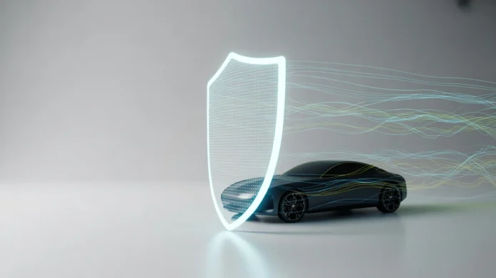 Minimalistinis 3D pateiktas aptakus, modernus automobilio siluetas, apjuostas skaidriu, žėrinčiu skaitmeniniu skydu, su dinamiškais, greitais duomenų srautais ir abstrakčių tinklo mazgais teka aplink jį, simbolizuodamas greitą, saugų internetinį automobilio draudimą, švarų baltą foną, gyvybingą bliuzą ir žalias
