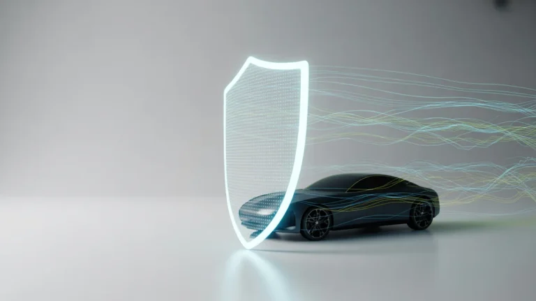 Minimalistinis 3D pateiktas aptakus, modernus automobilio siluetas, apjuostas skaidriu, žėrinčiu skaitmeniniu skydu, su dinamiškais, greitais duomenų srautais ir abstrakčių tinklo mazgais teka aplink jį, simbolizuodamas greitą, saugų internetinį automobilio draudimą, švarų baltą foną, gyvybingą bliuzą ir žalias