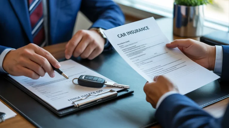 Rankos, peržiūrinčios automobilio draudimo formas šalia automobilio rakto ant stalo.