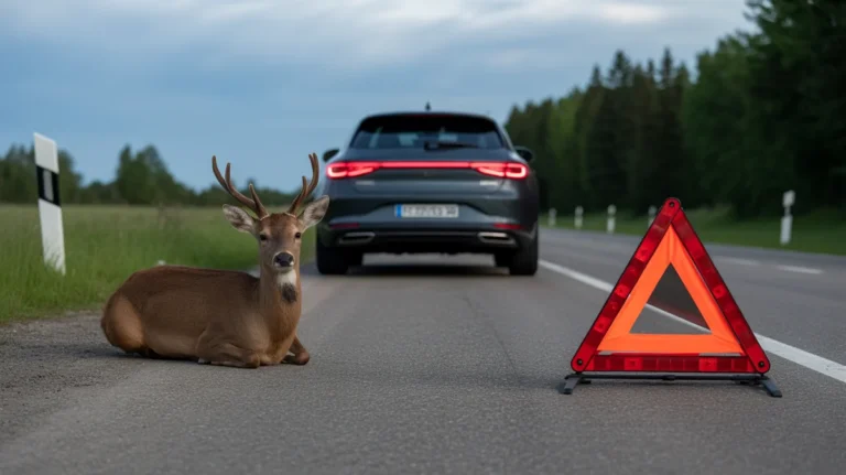 Automobilis, saugiai pastatytas, apsaugotas nuo elnio kelyje, ir perspėjantis trikampis.