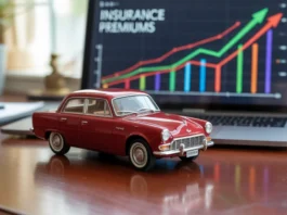 Miniatiūrinis automobilis, apsuptas kylančių grafikų, rodančių didėjančias draudimo išlaidas.
