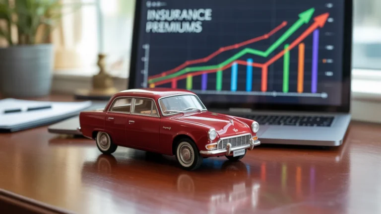 Miniatiūrinis automobilis, apsuptas kylančių grafikų, rodančių didėjančias draudimo išlaidas.