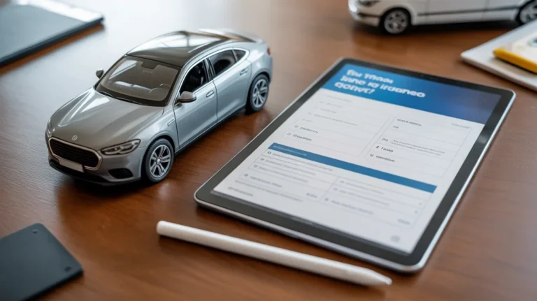 Įvairios automobilių draudimo citatos, rodomos planšetiniame kompiuteryje, šalia jo yra žaislinis automobilis.