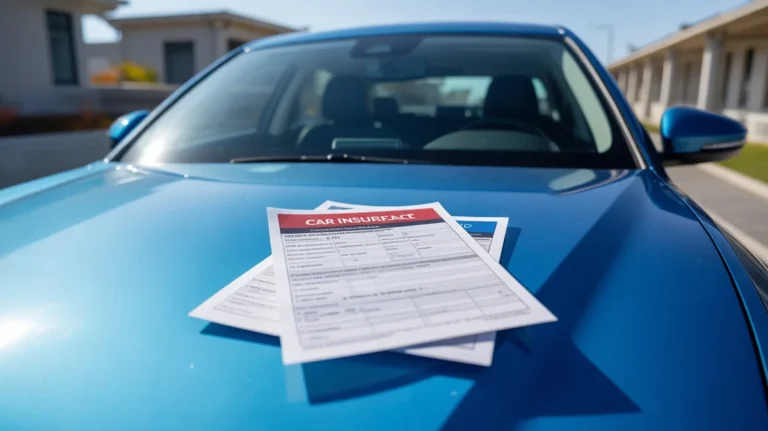 Automobilių draudimo dokumentai, remiantis visiškai naujo, neregistruoto automobilio prietaisų skydeliu.