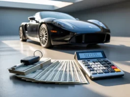 Aptakus automobilis su pinigais, raktais ir finansinė skaičiuoklė.
