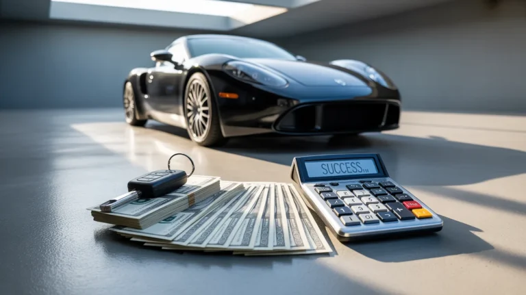 Aptakus automobilis su pinigais, raktais ir finansinė skaičiuoklė.