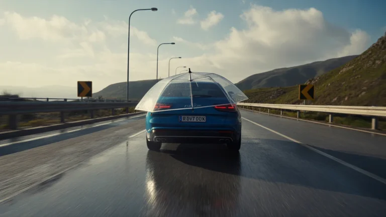 Automobilis važiuoja tarptautiniu keliu po skaidriu, apsauginiu skėčiu.
