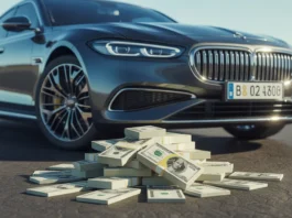 Aptakus automobilis su maža pinigų krūva, simbolizuojančia jo likusią vertę.