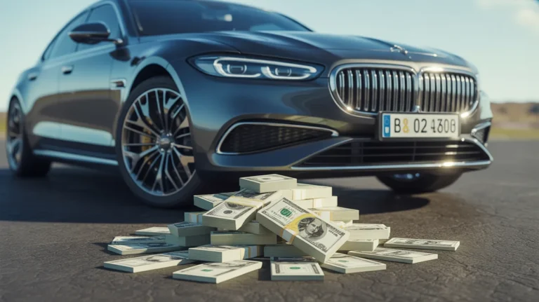 Aptakus automobilis su maža pinigų krūva, simbolizuojančia jo likusią vertę.