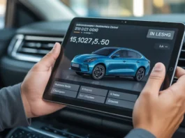 Skaitmeninio automobilio nuomos skaičiuoklė, rodanti finansines galimybes planšetinio kompiuterio ekrane.