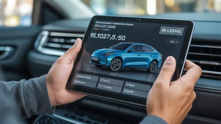 Skaitmeninio automobilio nuomos skaičiuoklė, rodanti finansines galimybes planšetinio kompiuterio ekrane.