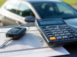 Finansinė skaičiuoklė, rodanti paskolos duomenis šalia naujo automobilio raktų.