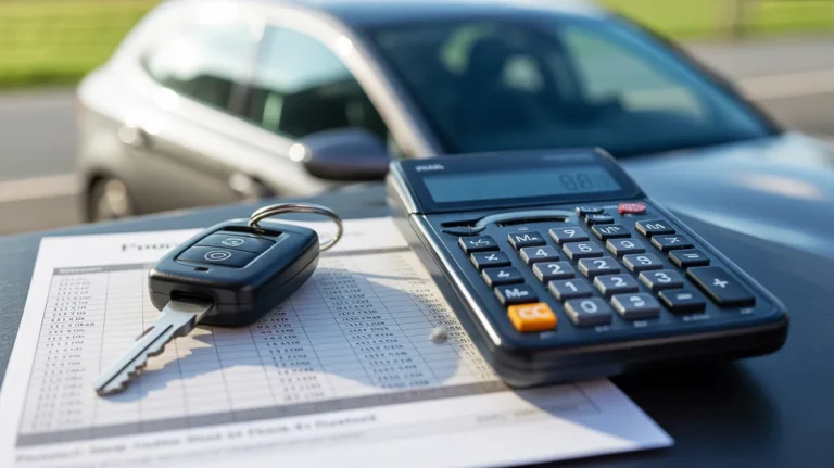 Finansinė skaičiuoklė, rodanti paskolos duomenis šalia naujo automobilio raktų.