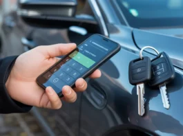 Asmuo apskaičiuoja automobilio paskolos parinktis išmaniajame telefone šalia automobilio raktų.