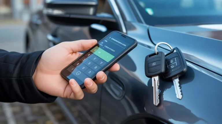 Asmuo apskaičiuoja automobilio paskolos parinktis išmaniajame telefone šalia automobilio raktų.