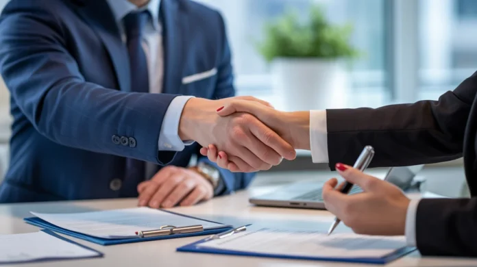 Atidėtas šūvis, du Europos verslo profesionalai, ranka, laikanti rašiklį virš dokumentų, sukramtant rankas su kitais, simbolizuojančiais aiškų ir saugų finansinį susitarimą, optimistišką, modernų biurą, profesionalią fotografiją., 8K, aštrus dėmesys, aukšta detalė
