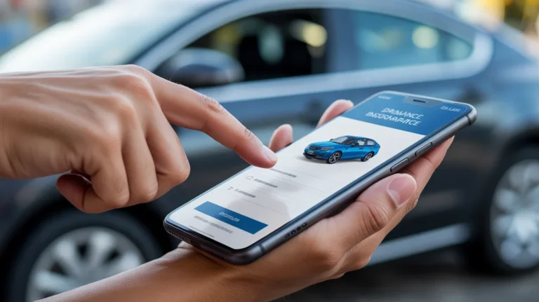 Ranka, sąveikaujanti su skaitmeninio automobilio draudimo programa išmaniajame telefone.