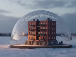 Miniatiūrinis daugiabutis, apimtas skaidriame apsauginiame kupole.